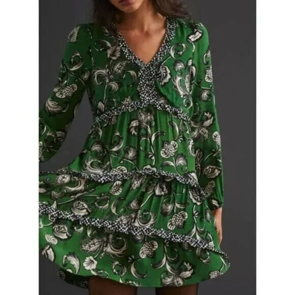 Anthropologie Tiered V-Neck Mini Dress in Green Motif.  SZ XL - Picture 2 of 7